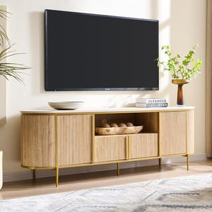 OKD Luxury 70" Fluted TV Stand, Modern Chic Entertainment Center for TVs Up to 80 inches, TV Console with Faux Marble Top, Curved Profile Design, Media Console for Living Room, Natural Oak