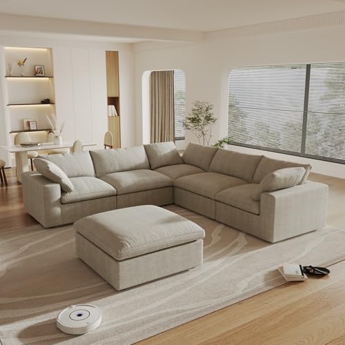 160.6" Cloud Couch Modular Sectional Sofa for Livingroom,Oversized Convertible Sofa with Storage Ottomans,6 Seat Wide Couches,Cushion Covers Removable (Khaki, 6 Seater)