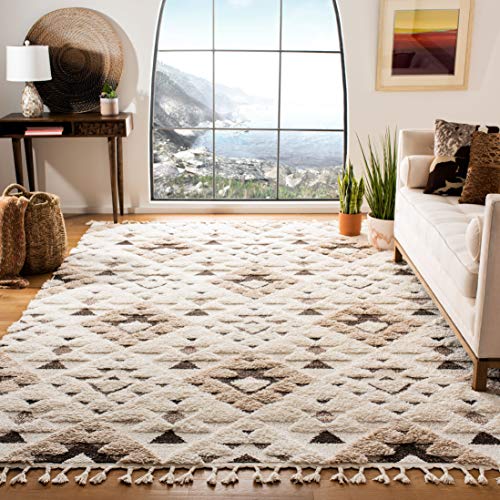 SAFAVIEH Area Rug 8x10 - Moroccan Tassel Shag Collection - Large - Ivory & Brown, Boho Design, Non-Shedding & Easy Cleaning, Plush Pile, Ideal for Living Room, Bedroom, Dining Space (MTS688A)
