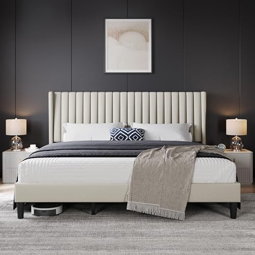 Yaheetech King Bed Frame Upholstered Platform Bed with Fabric Headboard, Wing Edge Design/Non-Slip and Noise-Free/Wooden Slats Support/No Box Spring Needed/Easy Assembly, Ivory King Bed