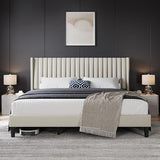 Yaheetech King Bed Frame Upholstered Platform Bed with Fabric Headboard, Wing Edge Design/Non-Slip and Noise-Free/Wooden Slats Support/No Box Spring Needed/Easy Assembly, Ivory King Bed