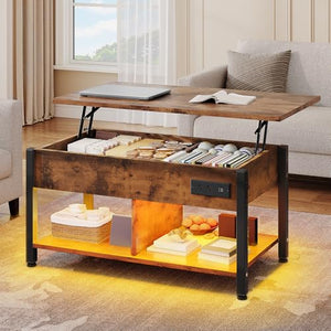 YITAHOME Lift Top Coffee Table with RGB Light, 3-in-1 Coffee Table with Power Outlets, Hidden & Open Storage, Adjustable Height, Wooden Dining Table for Living Room, Home Office, Brown