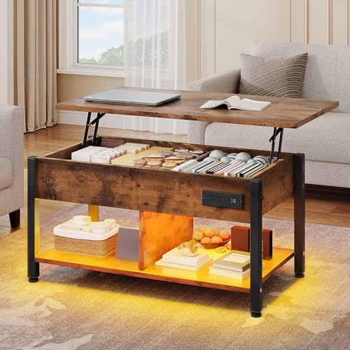 YITAHOME Lift Top Coffee Table with RGB Light, 3-in-1 Coffee Table with Power Outlets, Hidden & Open Storage, Adjustable Height, Wooden Dining Table for Living Room, Home Office, Brown