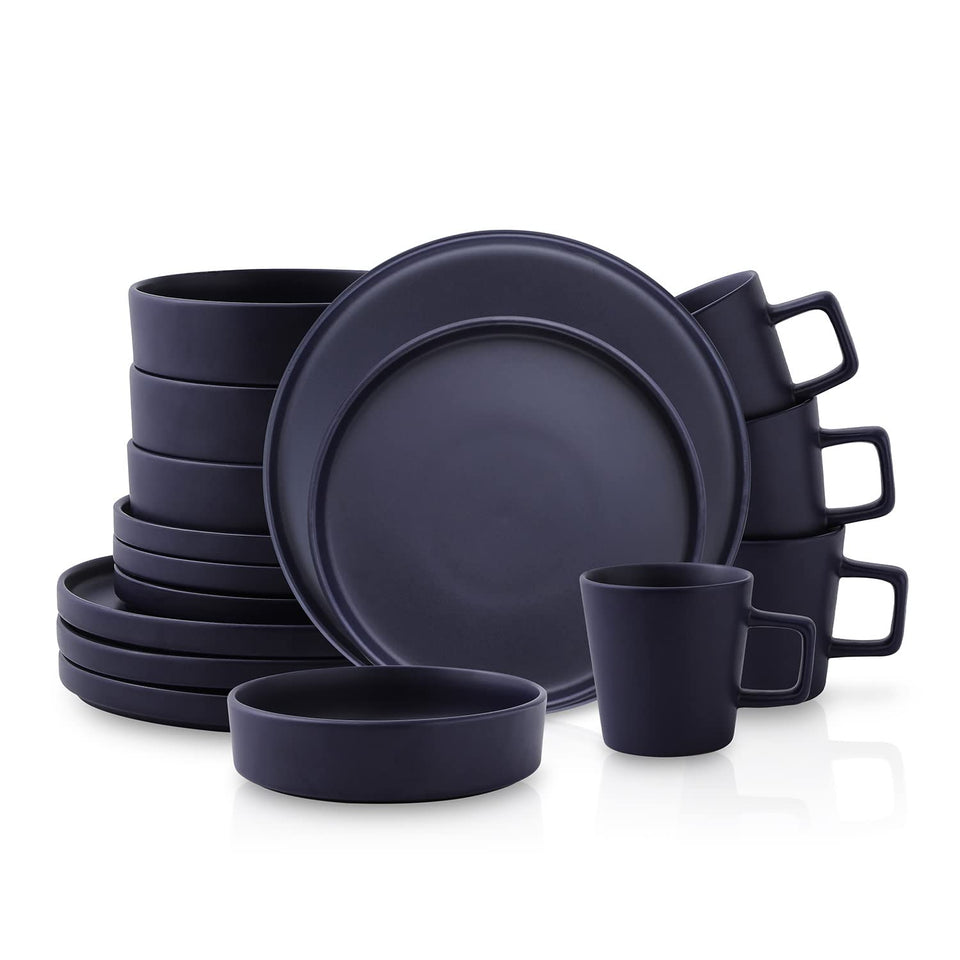 Stone Lain Celina Stoneware 32 Piece Dinnerware Set, Plates and Bowls, Black Matte Dish Collection, Service for 8 – Contemporary Minimalist Style, Microwave & Dishwasher Safe