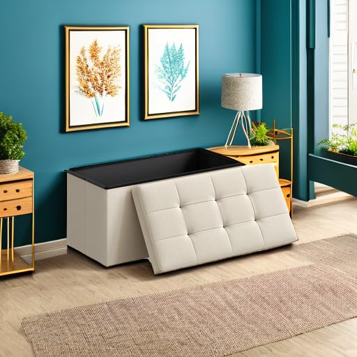SONGMICS MAZIE Collection - 43 Inches Folding Storage Ottoman Bench, Ottoman Foot Rest, End of Bed Bench, Storage Chest, Load 660 lb, for Living Room, Bedroom, Entryway, Dark Gray ULSF77K