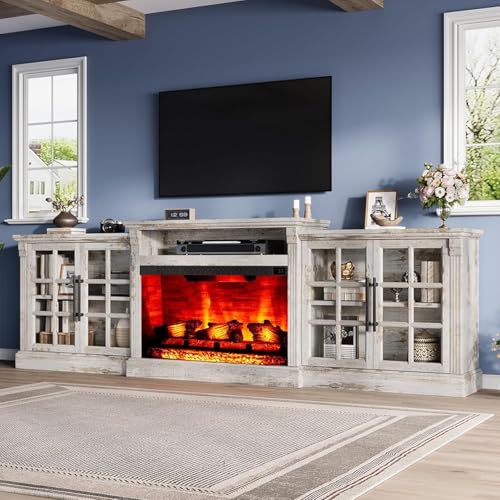 LUXOAK 97" Farmhouse TV Stand with 33" Fireplace for TVs up to 100", Media Entertainment Center with Large Storage Cabinet and Adjustable Shelves for Living Room, White/Barnwood
