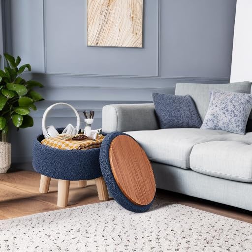 Wimarsbon Storage Ottoman, Modern Round Footrest with Soft Padded Seat, Teddy Velvet Footstool with Wood Legs, Accent Small Table or Plant Stand for Hallway, Living Room (Cream)