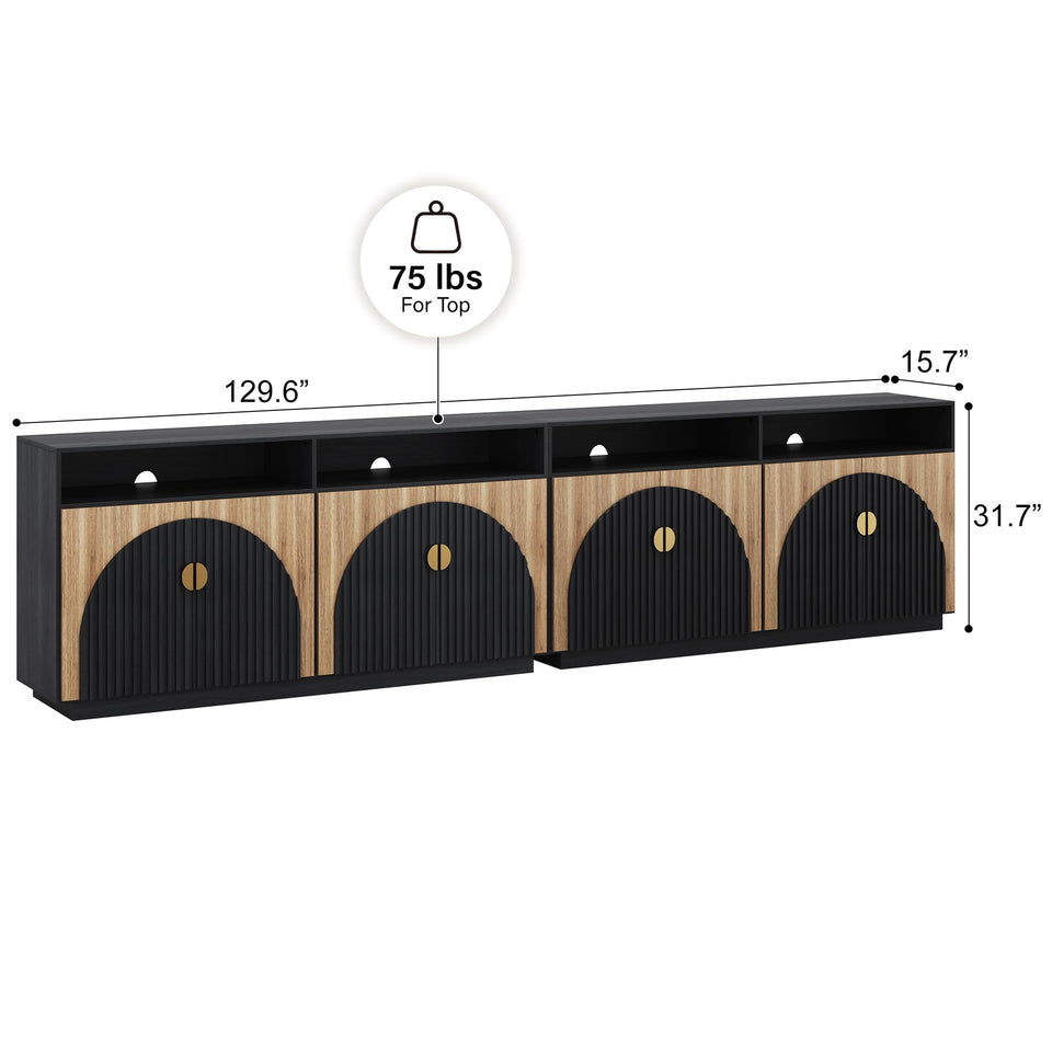 BELLEZE 65 Inch Fluted Buffet Cabinet with Storage, Symmetrical Arc Accent Sideboard Large Console Table for Dining Room, Kitchen, and Living Room (Caramel Brown)