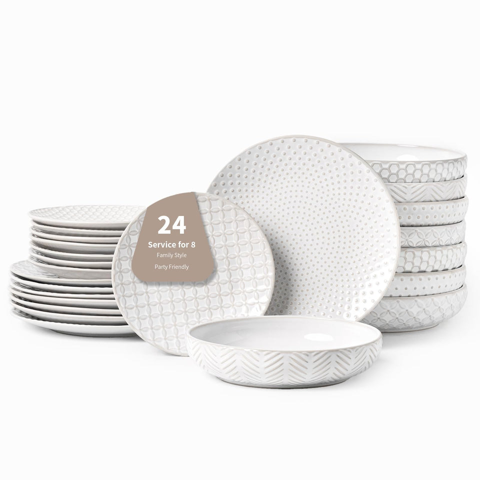 FOBENTA 24 Piece Dinnerware Sets for 8, Premium Stoneware Plates and Bowls Sets, Microwave & Dishwasher Safe, Elegant Dishes for Entertaining & Special Occasions – A Stunning Gift for Large Families