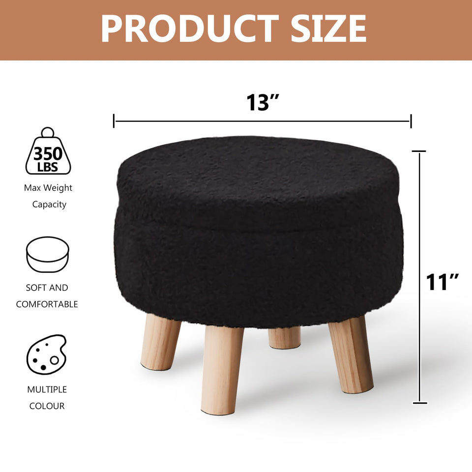 Wimarsbon Storage Ottoman, Modern Round Footrest with Soft Padded Seat, Teddy Velvet Footstool with Wood Legs, Accent Small Table or Plant Stand for Hallway, Living Room (Cream)