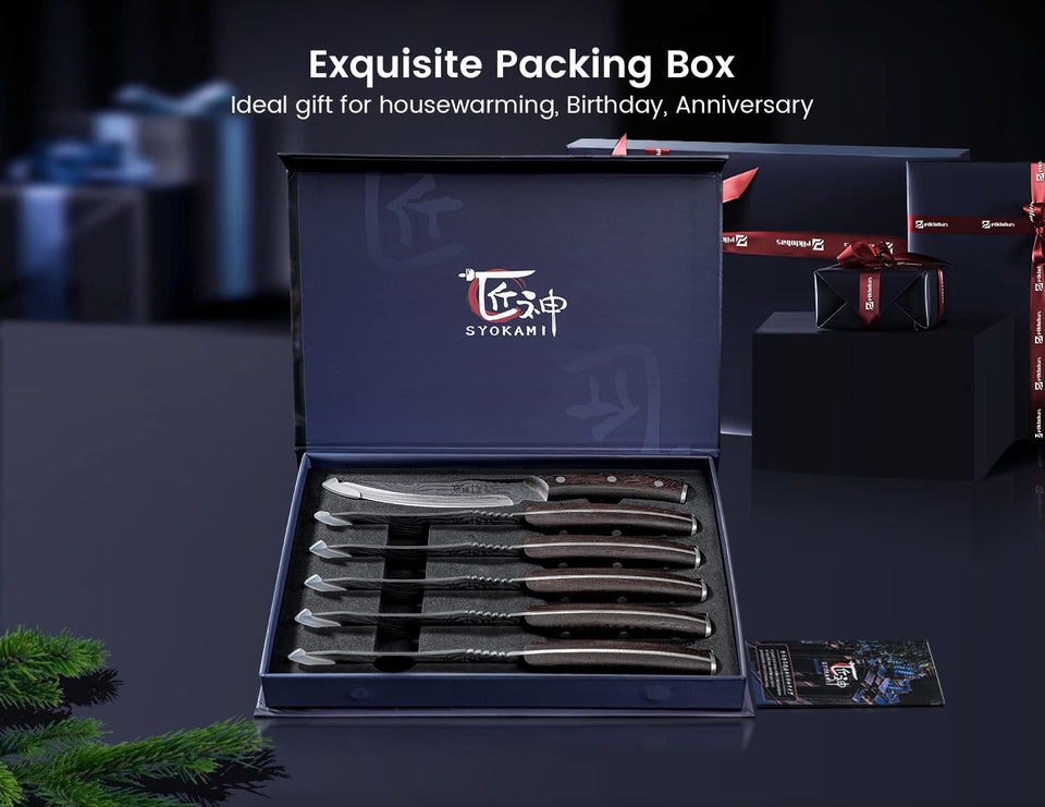 SYOKAMI Steak Knives Set of 8, 4.8 Inch High-Carbon Japanese Stainless Steel Non-serrated Steak Knife with Wood Handle, Damascus Pattern Full Tang Design, Razor-Sharp Dinner Knives with Gift Box
