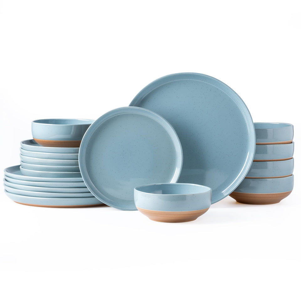AmorArc Ceramic Dinnerware Sets for 8, 24 Pieces Handpainted Plates and Bowls Set with Rustic Terracotta Underside, Scratch Resistant Stoneware Dishes Set, Dishwasher & Microwave Safe, Light Beige