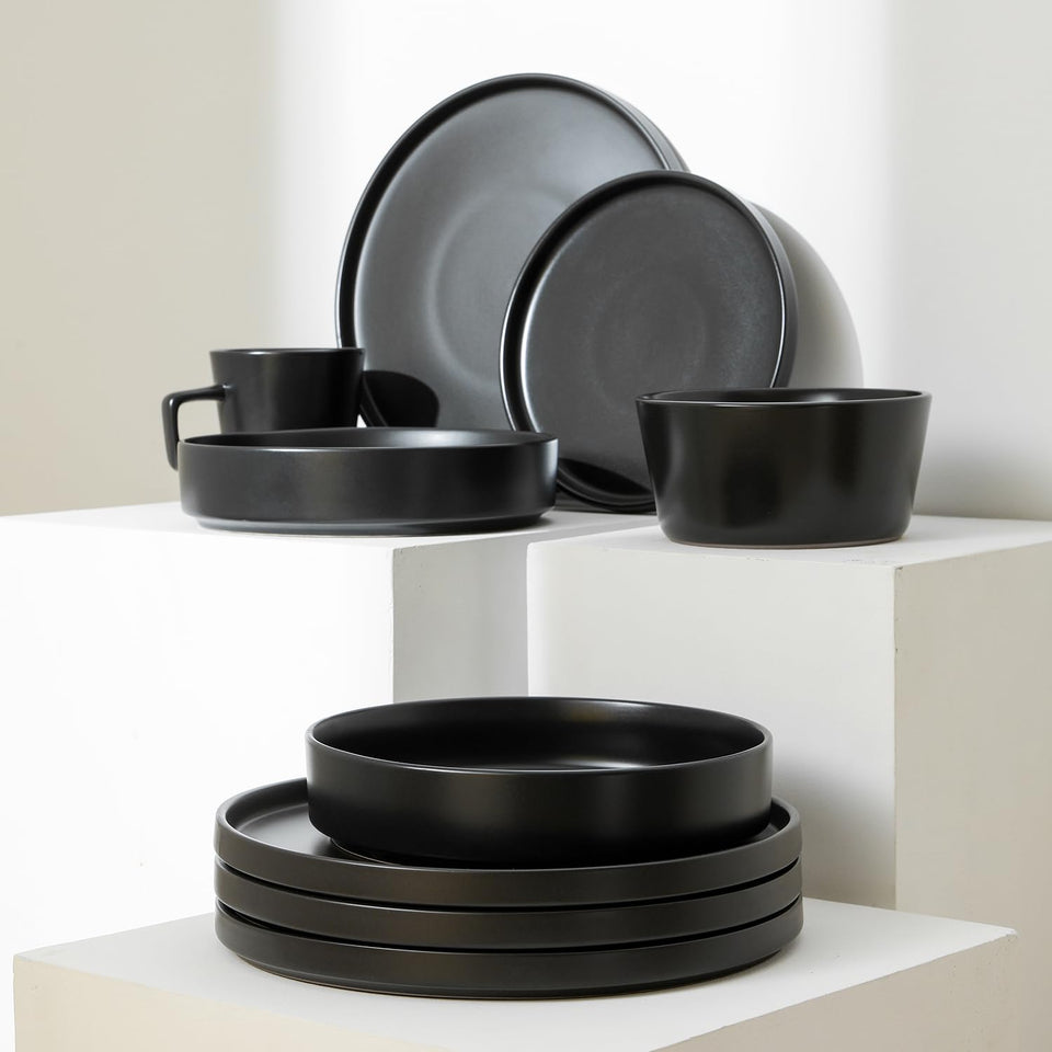 Stone Lain Celina Stoneware 32 Piece Dinnerware Set, Plates and Bowls, Black Matte Dish Collection, Service for 8 – Contemporary Minimalist Style, Microwave & Dishwasher Safe