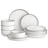 MALACASA Plates and Bowls Sets, 24 Pieces Modern Porcelain Dinnerware Set for 6 Ceramic Dishware Dishes White Kitchen Dinner Dining Ware Set wtih Black Rim Microwave and Dishwasher Safe, Series LUNA