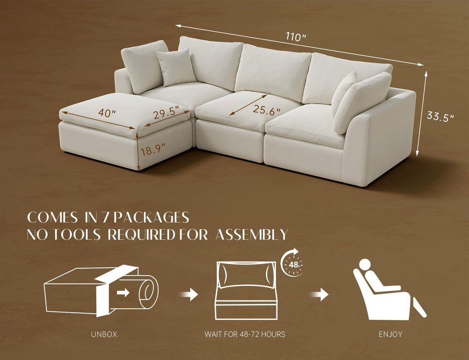ohllob Oversized Cloud Couches for Living Room, Convertible Sectional Couch with Ottoman, 7 Seater Large Modular Sectional Sofa, Warm White