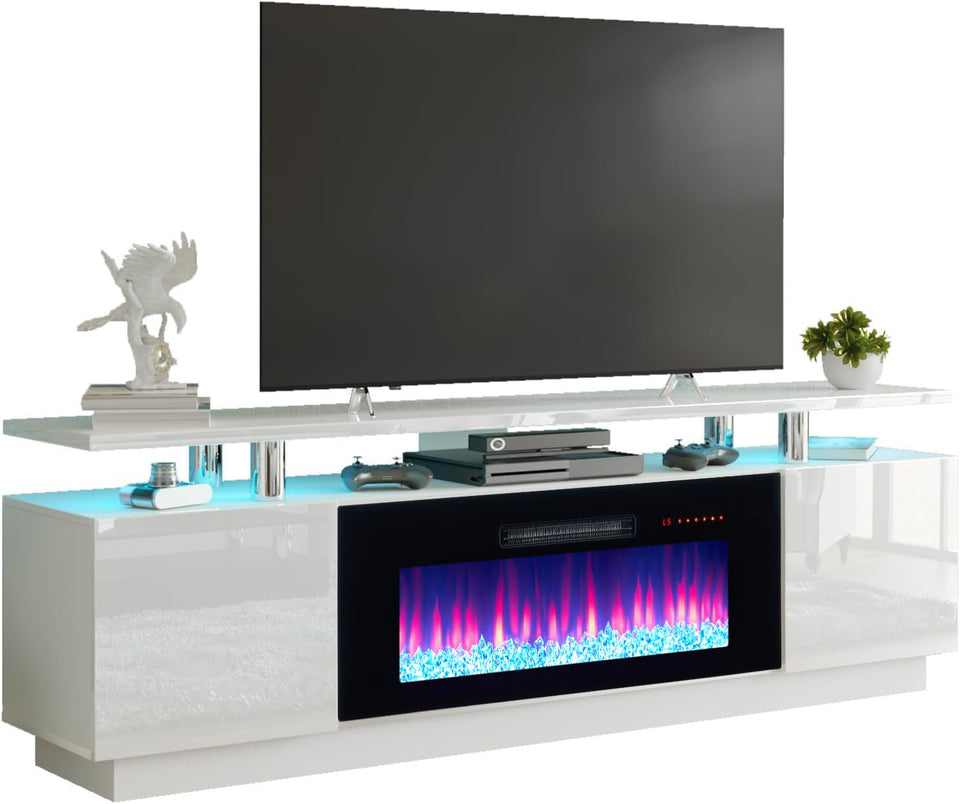 AMERLIFE Fireplace TV Stand with 36" Fireplace, 70" Modern High Gloss Fireplace Entertainment Center LED Lights, 2 Tier TV Console Cabinet for TVs Up to 80", Obsidian Black