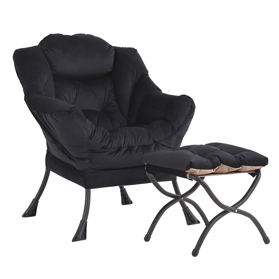 LITA Lazy Chair with Ottoman, Modern Accent Leisure Upholstered Lazy Sofa Armchair, Contemporary Lounge Reading Chair with Armrests and a Side Pocket for Living Room, Bedroom & Small Space, Dark Grey