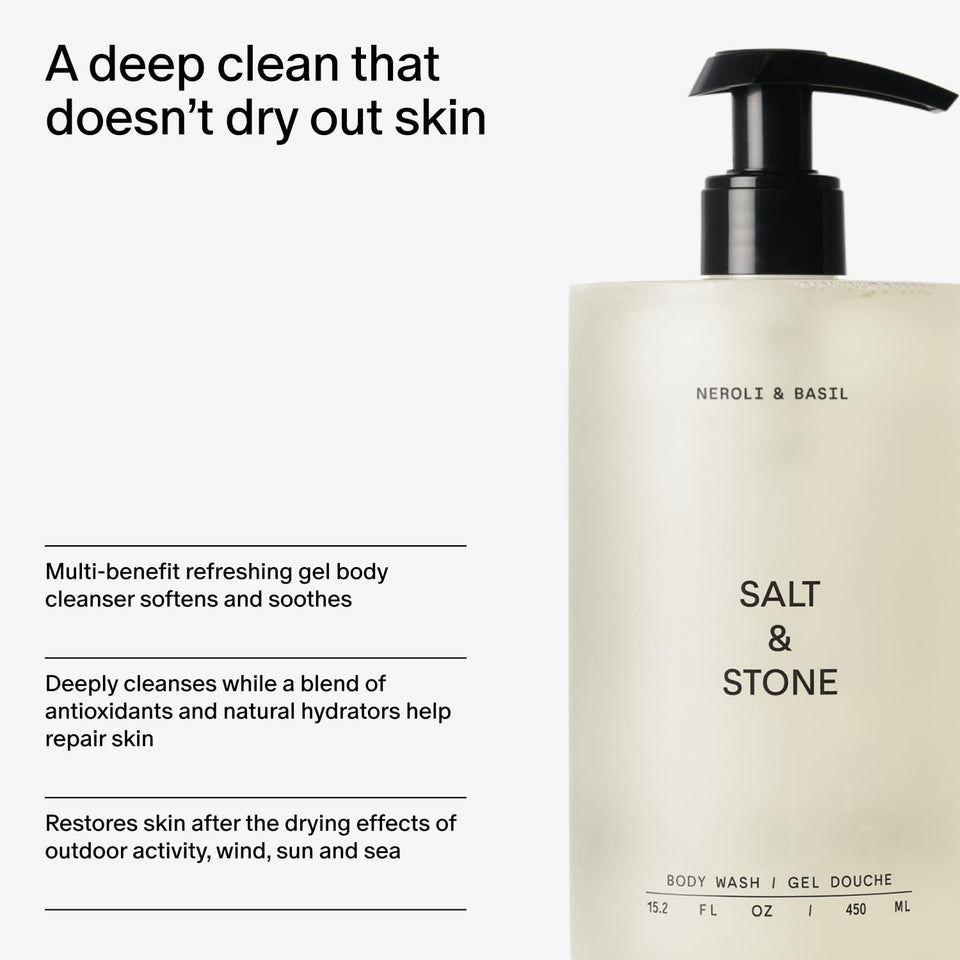 Salt & Stone Body Wash with Antioxidants for Deep Moisture | For Women & Men, Sulfate, Paraben, & Dye Free, Leaving Skin Soft and Hydrated | Bergamot & Hinoki 15.2 fl oz