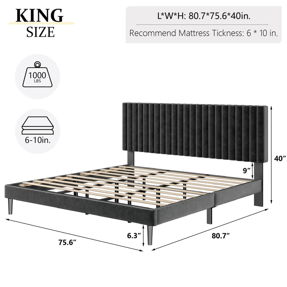 HAOARA King Size Bed Frame,King Size Platform Bed Frame and Velvet Upholstered Headboard with Strong Wood Slats, Box Spring Optional, Mattress Foundation, Easy Assembly Beige