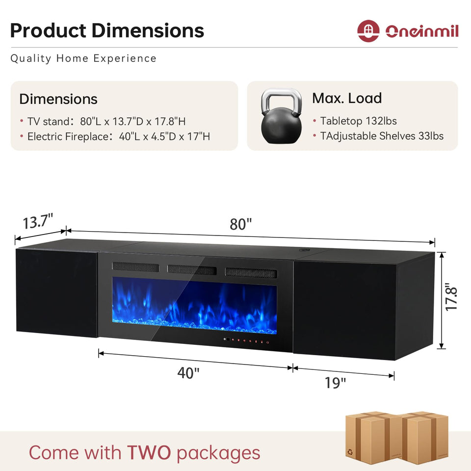 oneinmil 70" Floating TV Stand with 36" Electric Fireplace, Wall Mounted Fireplace Entertainment Center with Storage, Fire Place TV Console for Living Room, All Black