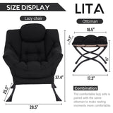 LITA Lazy Chair with Ottoman, Modern Accent Leisure Upholstered Lazy Sofa Armchair, Contemporary Lounge Reading Chair with Armrests and a Side Pocket for Living Room, Bedroom & Small Space, Dark Grey