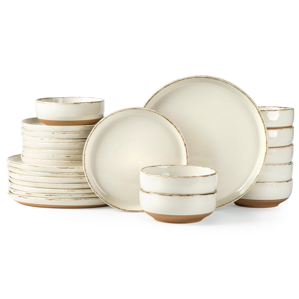 AmorArc Ceramic Dinnerware Sets for 8, 24 Pieces Handpainted Plates and Bowls Set with Rustic Terracotta Underside, Scratch Resistant Stoneware Dishes Set, Dishwasher & Microwave Safe, Light Beige