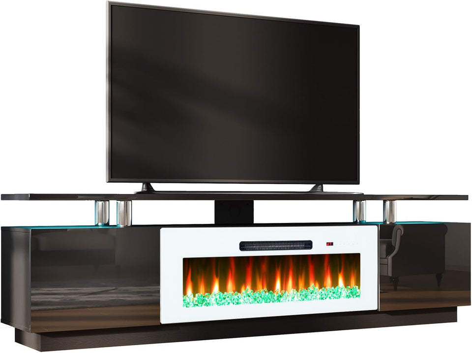 AMERLIFE Fireplace TV Stand with 36" Fireplace, 70" Modern High Gloss Fireplace Entertainment Center LED Lights, 2 Tier TV Console Cabinet for TVs Up to 80", Obsidian Black