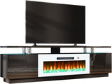 AMERLIFE Fireplace TV Stand with 36" Fireplace, 70" Modern High Gloss Fireplace Entertainment Center LED Lights, 2 Tier TV Console Cabinet for TVs Up to 80", Obsidian Black