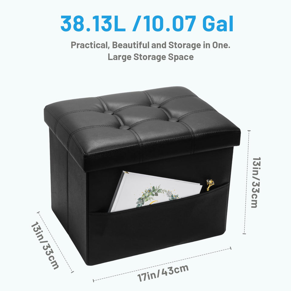 Bsketa Storage Ottoman, Folding Foot Stool with Thicker Foam Padded Seat Small Leather Storage Ottoman Bench Foot Rest for Living Room Foldable Coffee Table 17x13x13in,Black