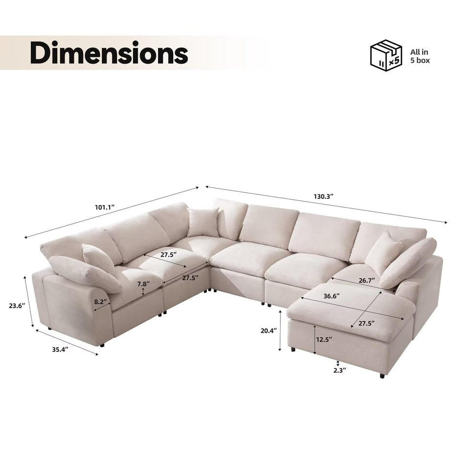 Siiejia Modular Sectional Sofa Modern Oversized Cloud Couch with Movable Ottoman 7 Seater L-Shaped Sofas Comfy Couches for Living Room Spacious Space Office Lounge, Beige