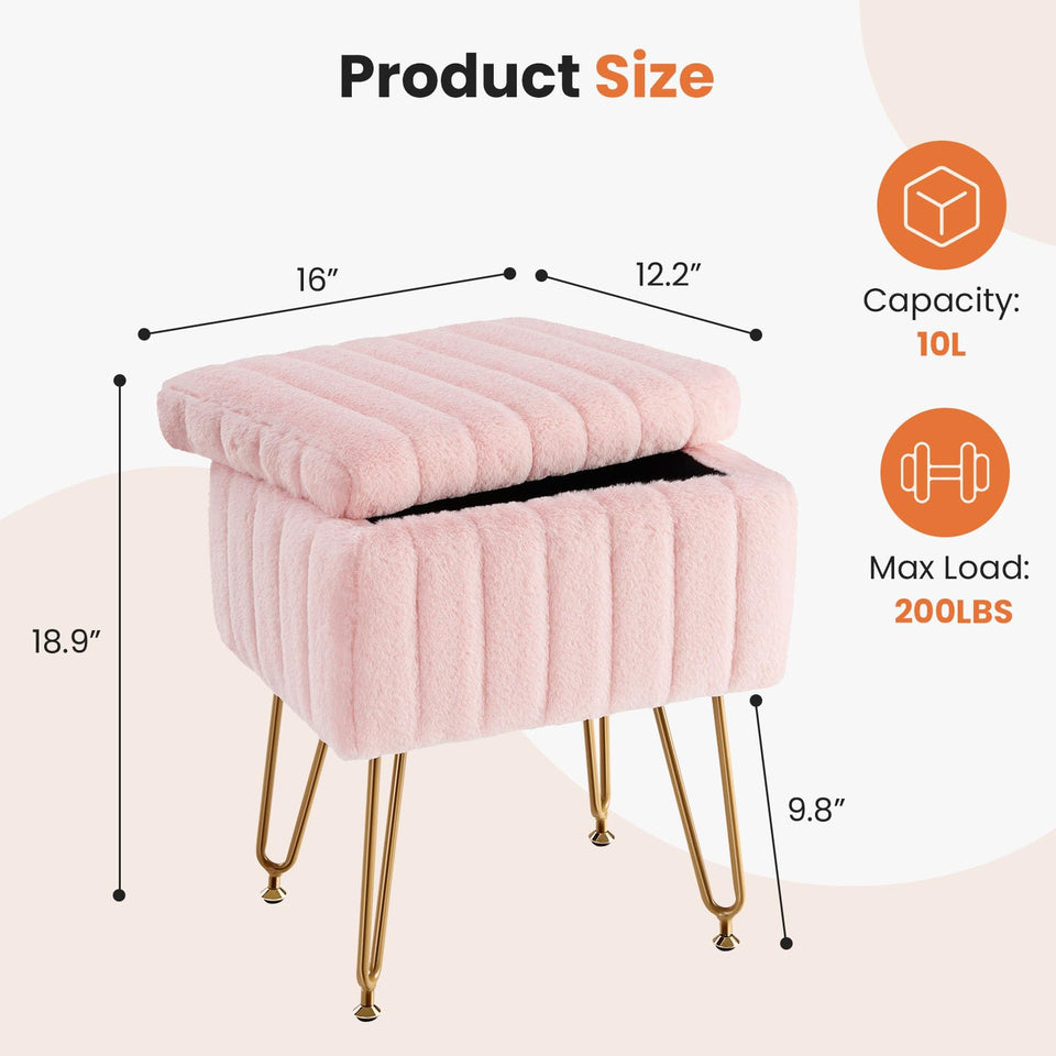 Sweetcrispy Vanity Stool Chair with Storage, Ottoman Faux Fur Soft Padded Makeup Footstools Seat with 4 Metal Legs Anti-Slip Adjustable Feet Modern Cute Small Footrest for Home Entryway Bedroom White