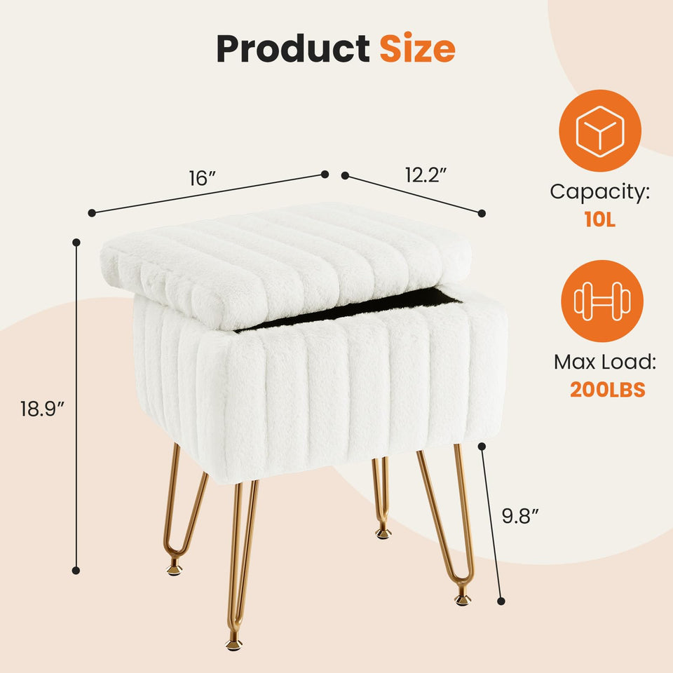 Sweetcrispy Vanity Stool Chair with Storage, Ottoman Faux Fur Soft Padded Makeup Footstools Seat with 4 Metal Legs Anti-Slip Adjustable Feet Modern Cute Small Footrest for Home Entryway Bedroom White