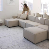 Acanva Luxury Modular Sectional Living Room Sofa Set, Modern Minimalist Style Couch with Ottoman and Chaise, L-Shape, Linen-Like Cream