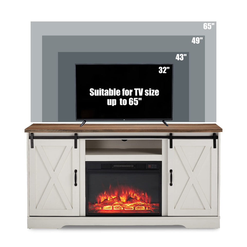 AMERLIFE Fireplace TV Stand with Sliding Barn Door for TVs up to 73", Farmhouse 63" Fireplace Entertainment Center with Storage Cabinets/Adjustable Shelves, Distressed White & Barnwood