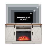 AMERLIFE Fireplace TV Stand with Sliding Barn Door for TVs up to 73", Farmhouse 63" Fireplace Entertainment Center with Storage Cabinets/Adjustable Shelves, Distressed White & Barnwood