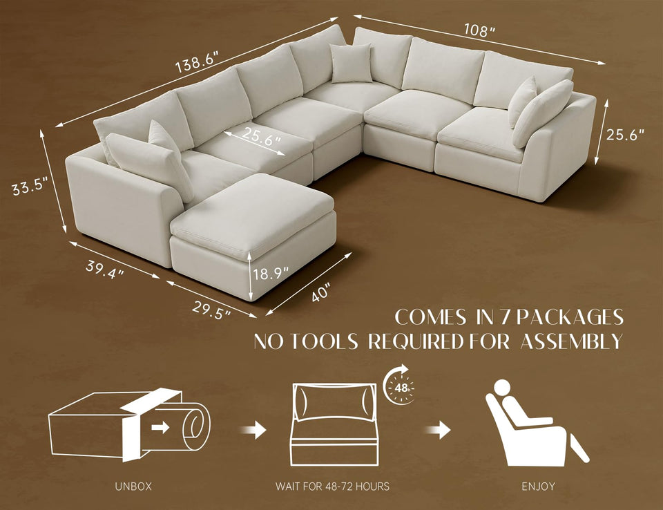ohllob Oversized Cloud Couches for Living Room, Convertible Sectional Couch with Ottoman, 7 Seater Large Modular Sectional Sofa, Warm White