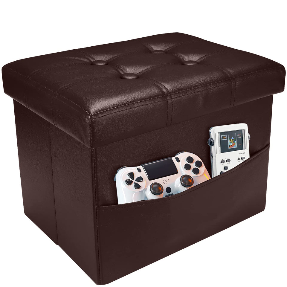 AmasSmile Storage Ottoman Folding Foot Rest Stool, Leather Footstool Bench, Short Ottoman Stool, Storage Foot Rest Store, Books (Black, 17" D x 13" W x 13" H)