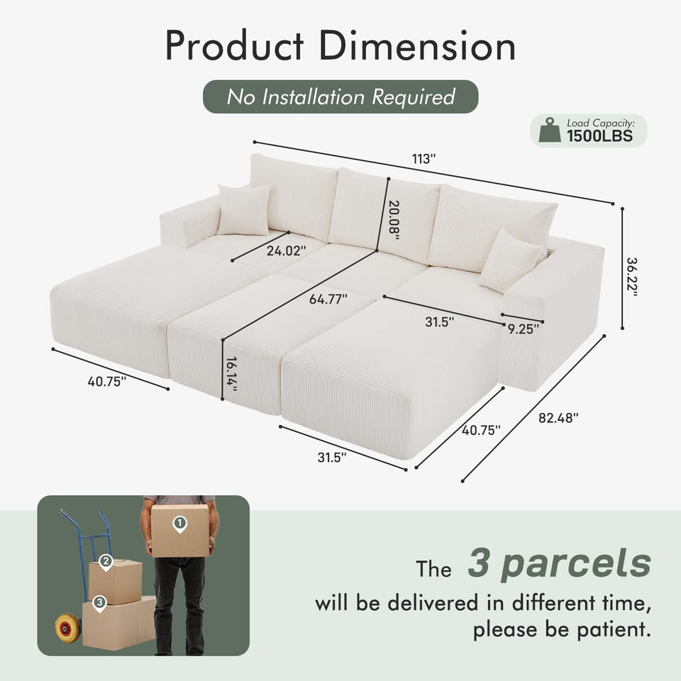 Boneless Sectional Cloud Couch Sofa for Living Room, 112" U-Shaped Modular Modern Lounge Sleeper Black Couches with Chaise, No Assemble, Cordury Compression Upholstered Sofas