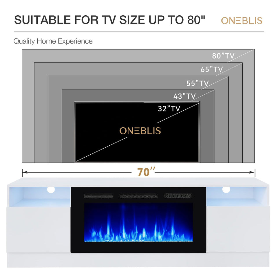 OneBlis 80" Fireplace TV Stand, LED Light Entertainment Center for TVs Up to 90", High-Gloss Door, Modern TV Console for Living Room with Storage Cabinet, Black+Black