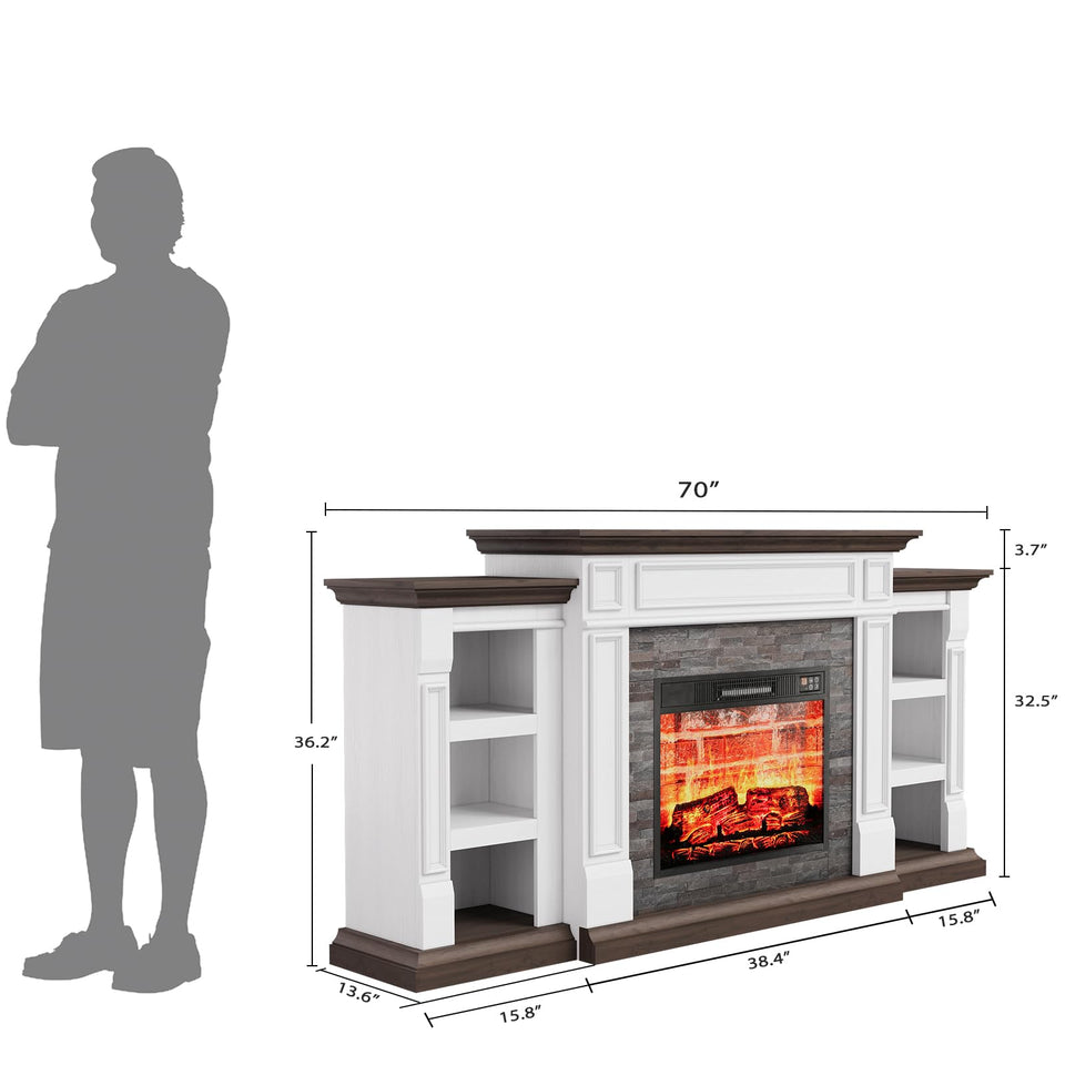 80" Fireplace TV Stand for TVs Up to 90 Inch, Electric Fireplace with Mantel, Farmhouse Entertainment Center with Storage, Realistic Stacked Stone Surround with Remote Control for Living Room