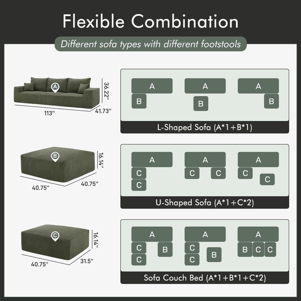 Boneless Sectional Cloud Couch Sofa for Living Room, 112" U-Shaped Modular Modern Lounge Sleeper Black Couches with Chaise, No Assemble, Cordury Compression Upholstered Sofas