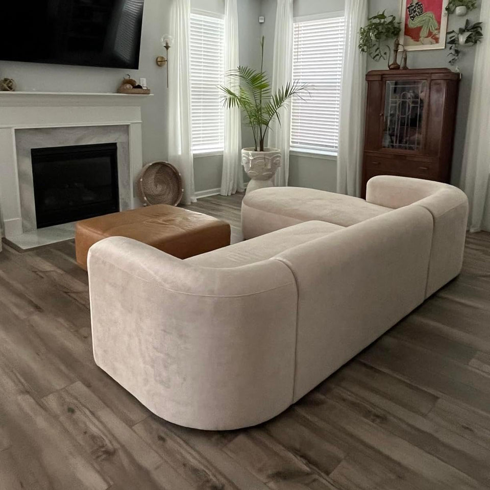 Acanva Luxury Modern Tight Curved Back Velvet Sofa, Minimalist Style Comfy Couch for Living Room Apartment, 3 Seater, Cream