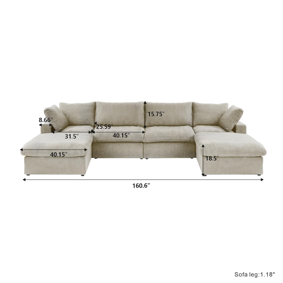 160.6" Cloud Couch Modular Sectional Sofa for Livingroom,Oversized Convertible Sofa with Storage Ottomans,6 Seat Wide Couches,Cushion Covers Removable (Khaki, 6 Seater)