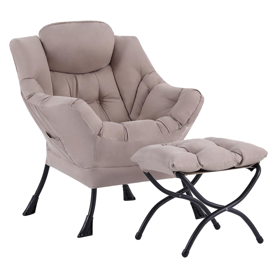 Welnow Lazy Chair with Ottoman, Modern Lounge Accent Chair with Armrests and a Side Pocket, Leisure Sofa Armchair, Reading Armchair with Footrest for Small Space, Dark Grey