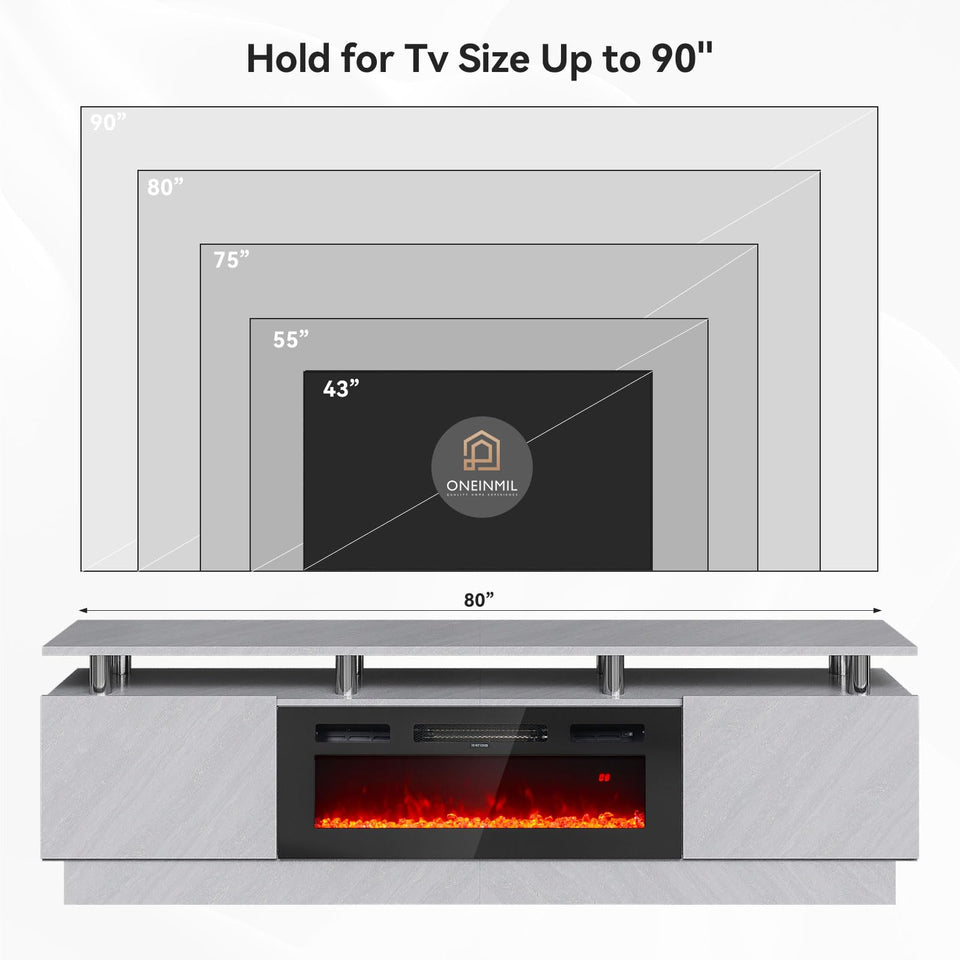 OneBlis 70" TV Stand for Living Room, Modern Entertainment Center & Media Console, Fits TVs up to 80", Storage Cabinet with Shelves, 36" Electric Fireplace with LED Flame (All Black)
