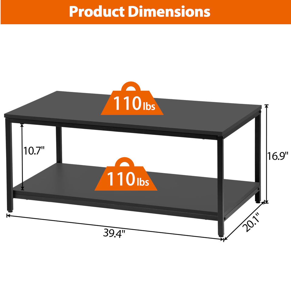 SUPER DEAL 2-Tier Industrial Coffee Table with Storage Shelf for Small Apartment Living Room, Rectangle Wood and Stable Metal TV Stand Side End Table, Rustic Brown