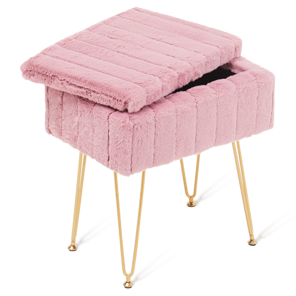 Wimarsbon Storage Ottoman, Vanity Stools with Metal Legs, 16.5" x 11.8" x 18" Modern Faux Mink Fur Footstool, Makeup Chair with Anti-Slip Feet, Accent Table,Footrest,Storage Bench for Bedroom
