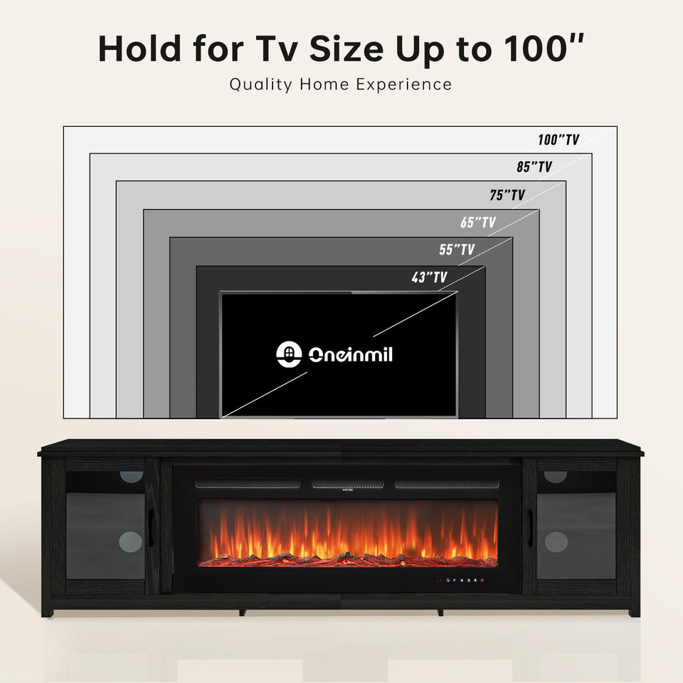 oneinmil 80" Fireplace TV Stand, 50 Inch Electric Fireplace & Modern Entertainment Center, TV Console with Adjustable Shelf & Glass Door for TVs Up to 90", Fire Place TV Stands for Living Room, Black