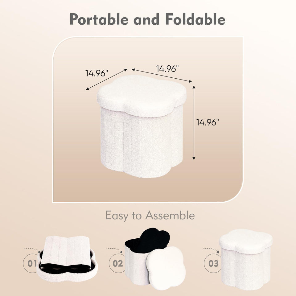 B FSOBEIIALEO Storage Ottoman Cube, Flowers Shaped Ottomans with Storage Foot Stool Footrest for Lving Room, Boucle Ottoman Seat for Dorm Room,Faux Teddy Fur, Cream White 12.6"x12.6"x12.6"