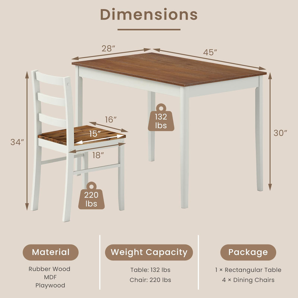 POWERSTONE Dining Table Set for 4, Kitchen Table Chairs Set of 4 with Rubber Wood Legs, Farmhouse 5 Piece Dining Table Set Solid Wood for Kitchen Dining Room Dinner (Brown)
